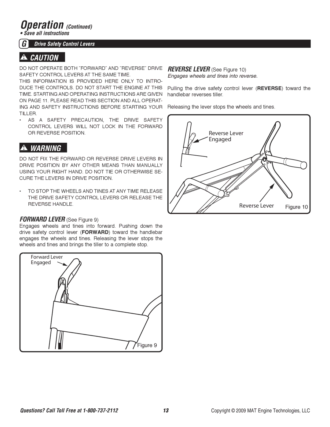 Powermate P-RTT-196MD-[E] specifications Forward Lever See Figure, Cure the Levers in Drive Position 