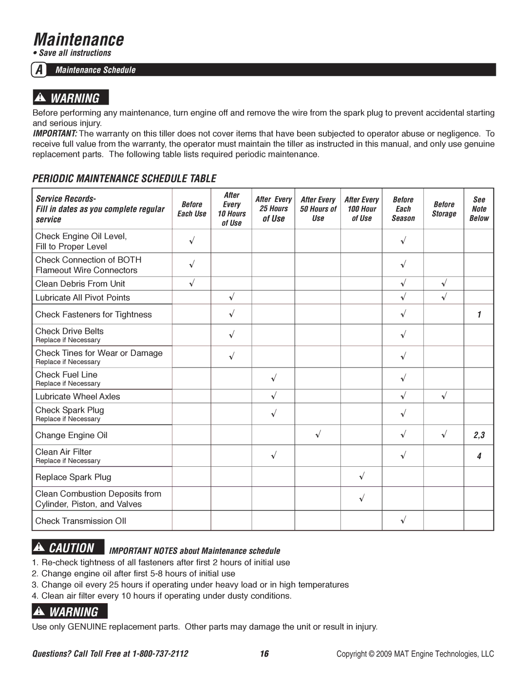 Powermate P-RTT-196MD-[E] specifications Periodic Maintenance Schedule Table 