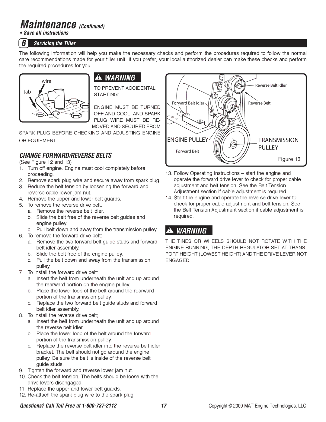 Powermate P-RTT-196MD-[E] specifications Change FORWARD/REVERSE Belts, Tab 