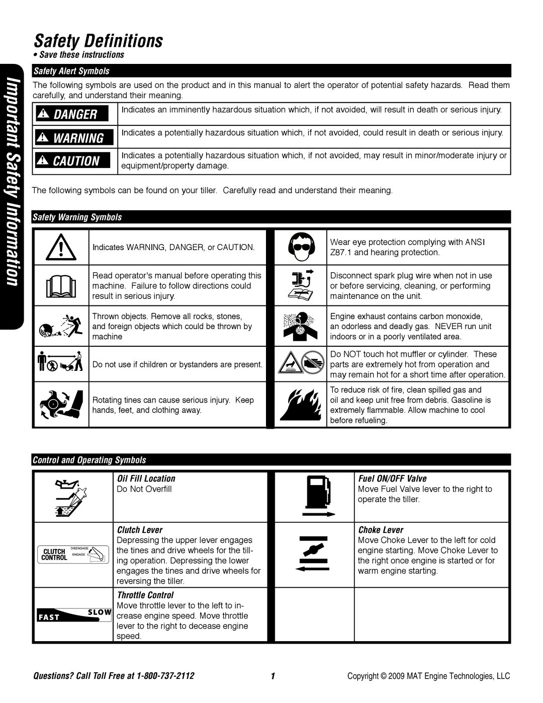 Powermate P-RTT-196MD-[E] Safety Definitions, Safety Alert Symbols, Safety Warning Symbols, Control and Operating Symbols 