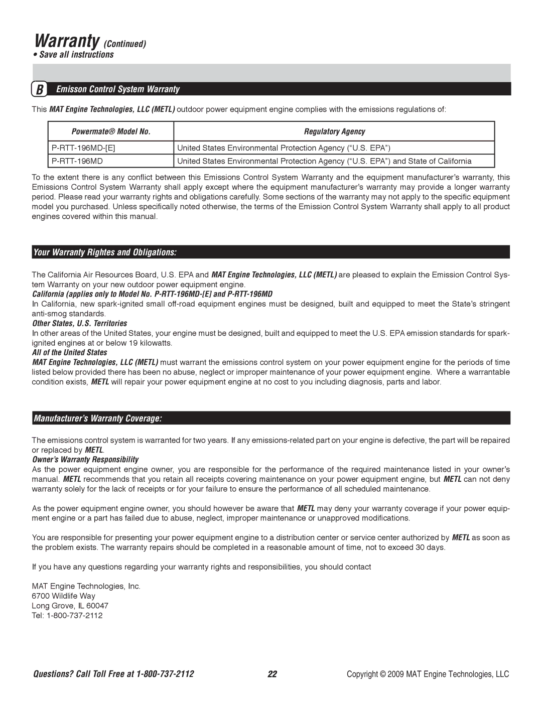 Powermate P-RTT-196MD-[E] specifications Emisson Control System Warranty, Your Warranty Rightes and Obligations 