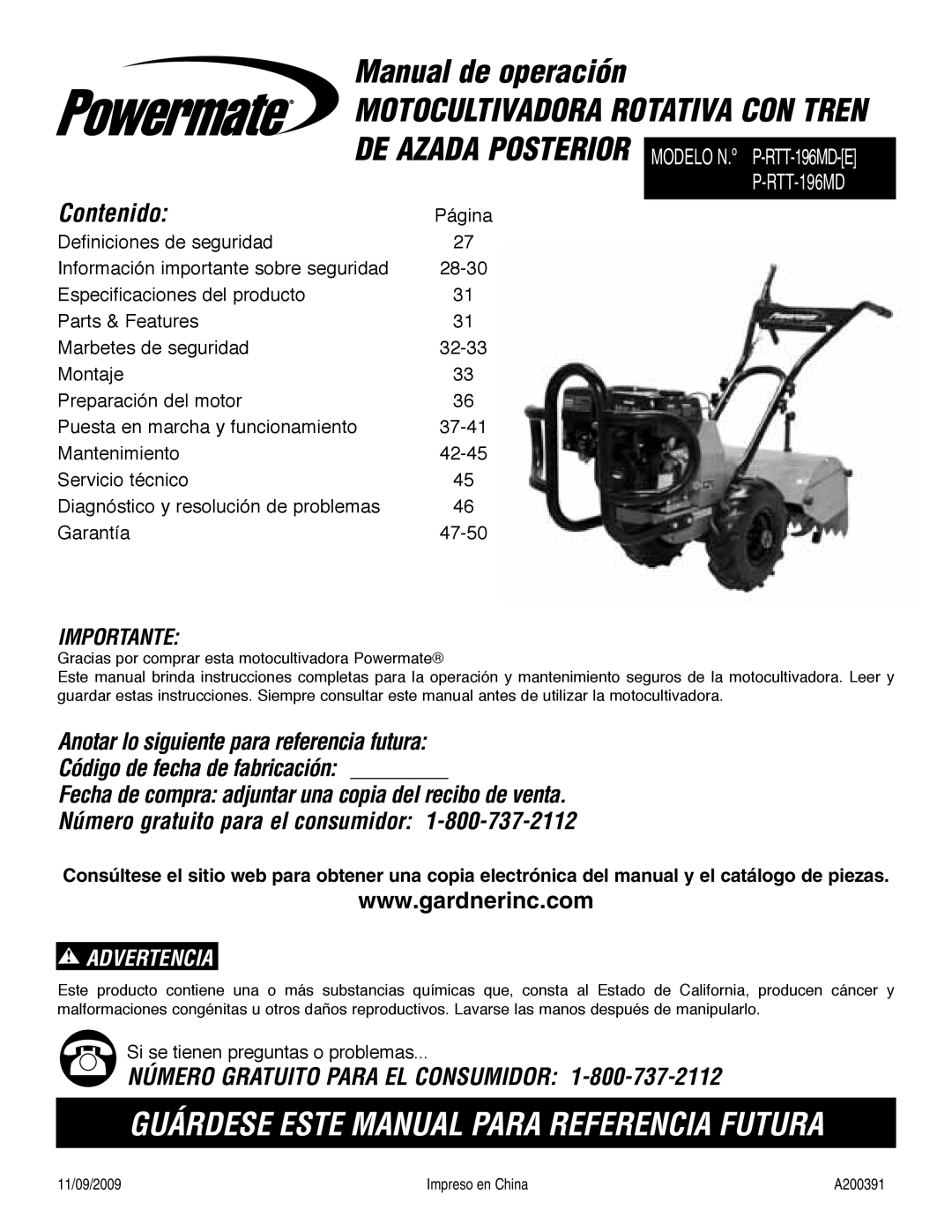 Powermate P-RTT-196MD-[E] specifications Guárdese Este Manual Para Referencia Futura 