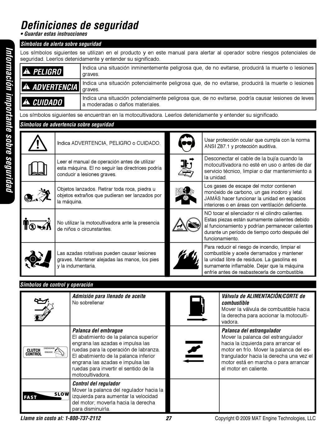 Powermate P-RTT-196MD-[E] Definiciones de seguridad, Símbolos de alerta sobre seguridad, Símbolos de control y operación 