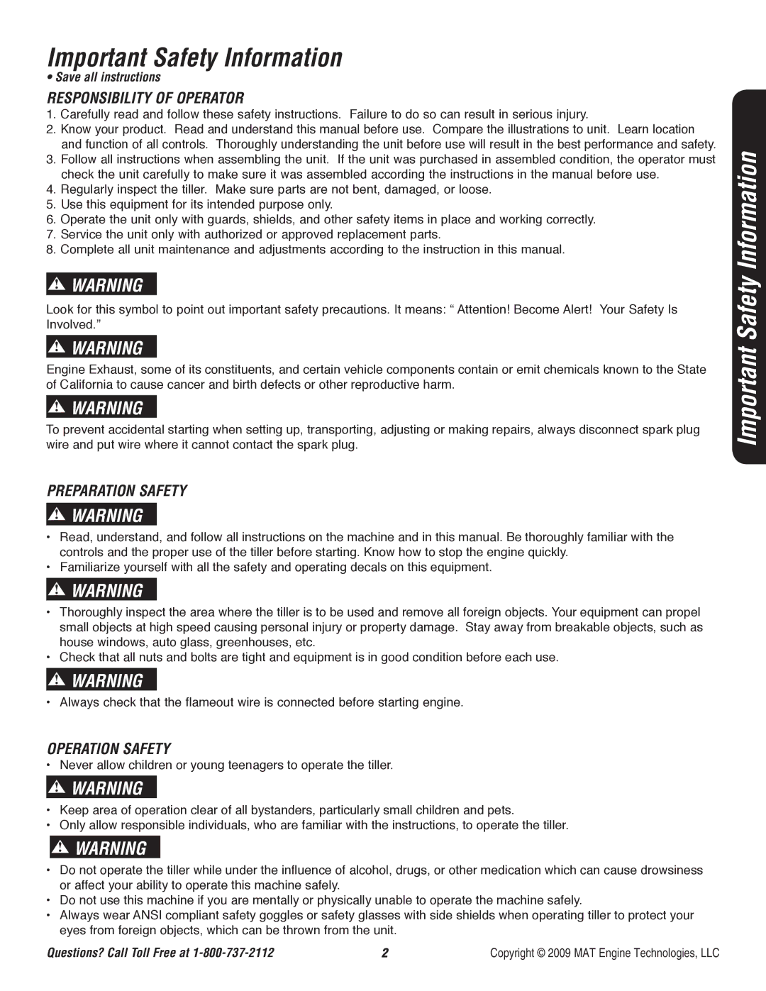 Powermate P-RTT-196MD Important Safety Information, Responsibility of Operator, Preparation Safety, Operation Safety 