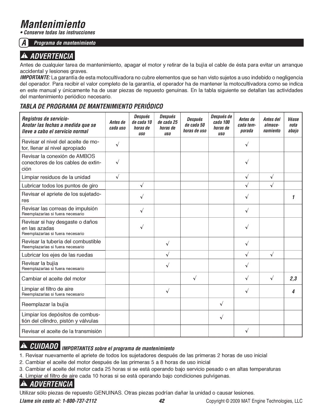 Powermate P-RTT-196MD-[E] specifications Tabla DE Programa DE Mantenimiento Periódico, Programa de mantenimiento 