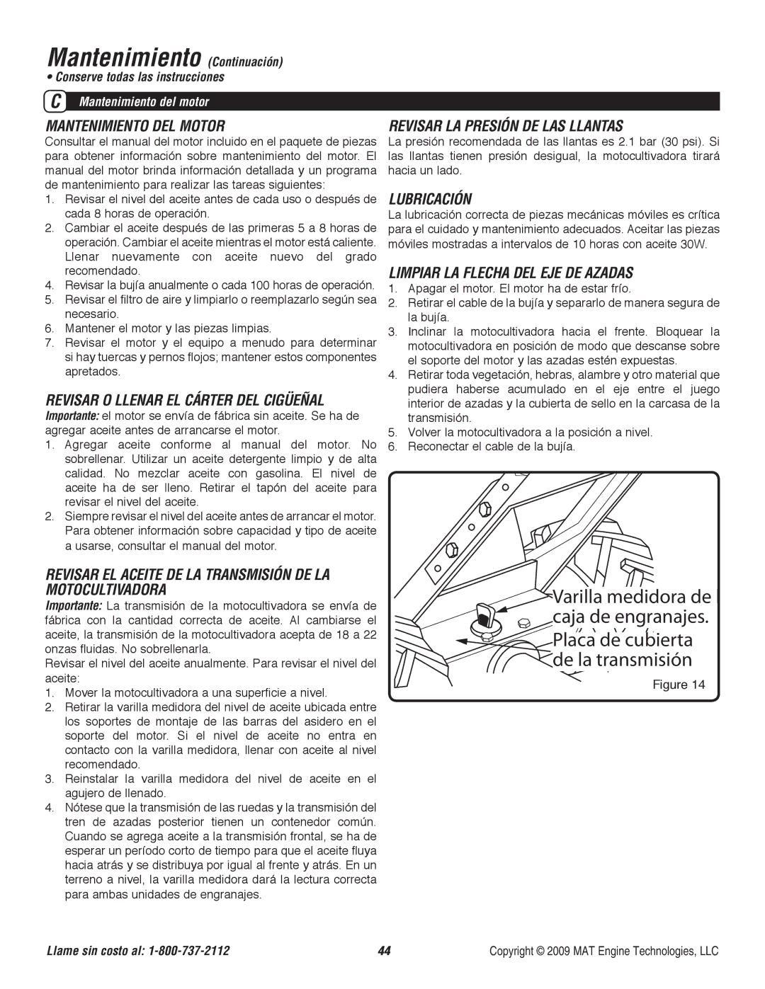 Powermate P-RTT-196MD-[E] specifications Mantenimiento del motor, Revisar LA Presión DE LAS Llantas, Lubricación 