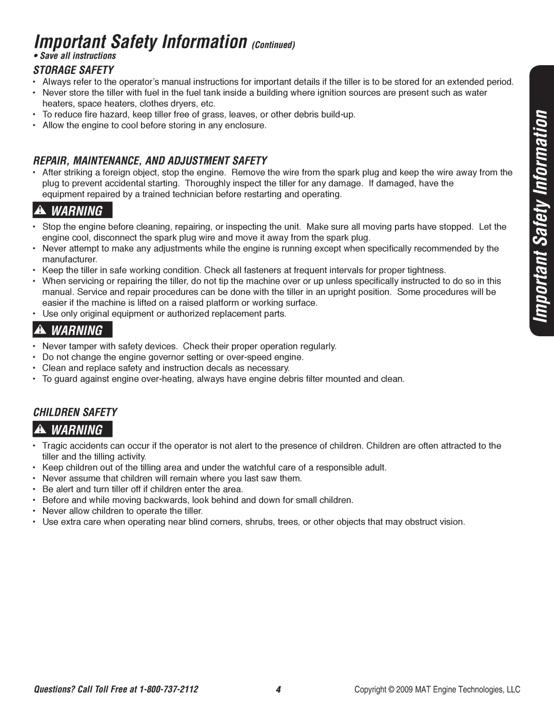 Powermate P-RTT-196MD-[E] specifications Storage Safety, REPAIR, MAINTENANCE, and Adjustment Safety, Children Safety 