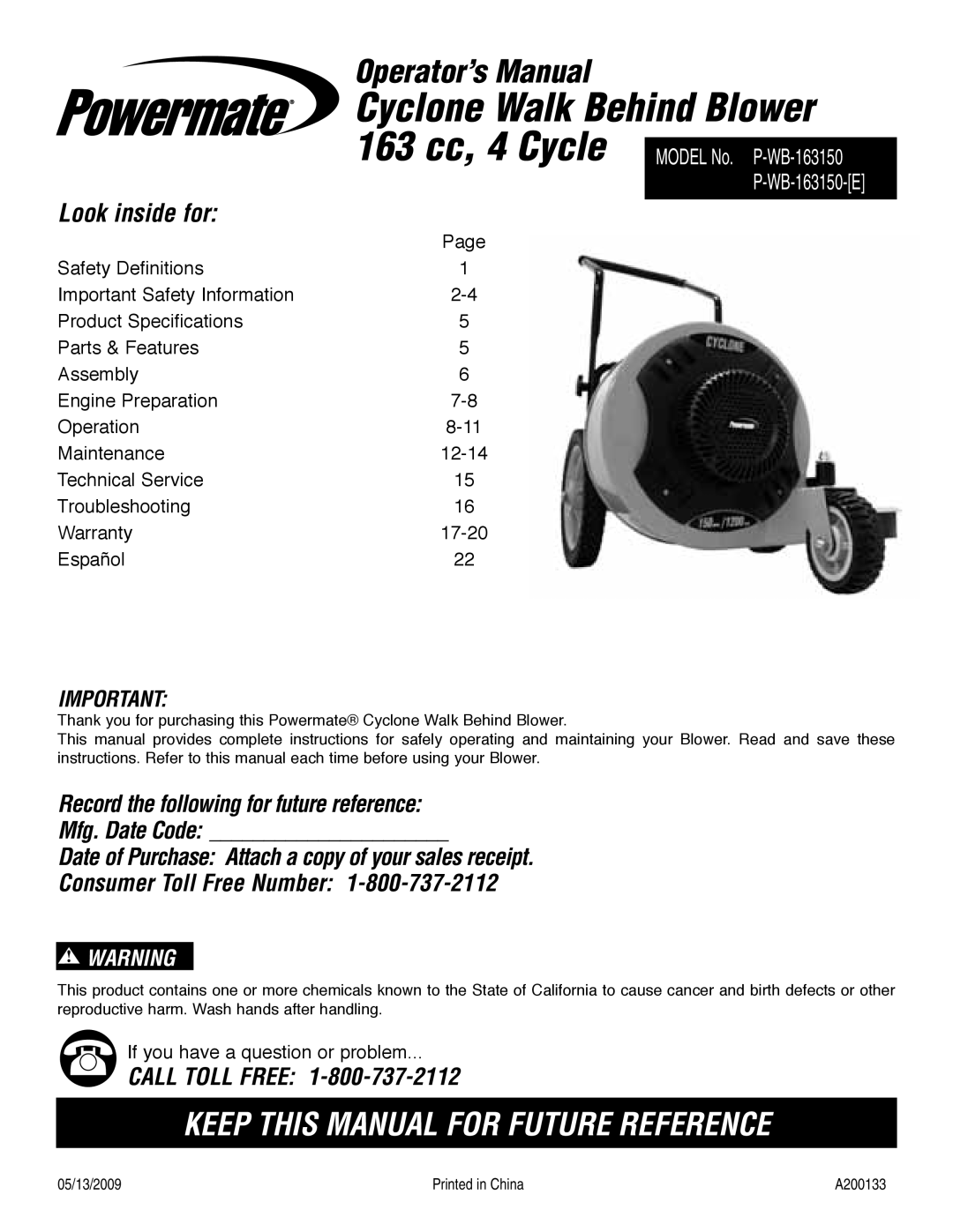 Powermate P-WB-163150-[E] specifications Cyclone Walk Behind Blower, Operator’s Manual 