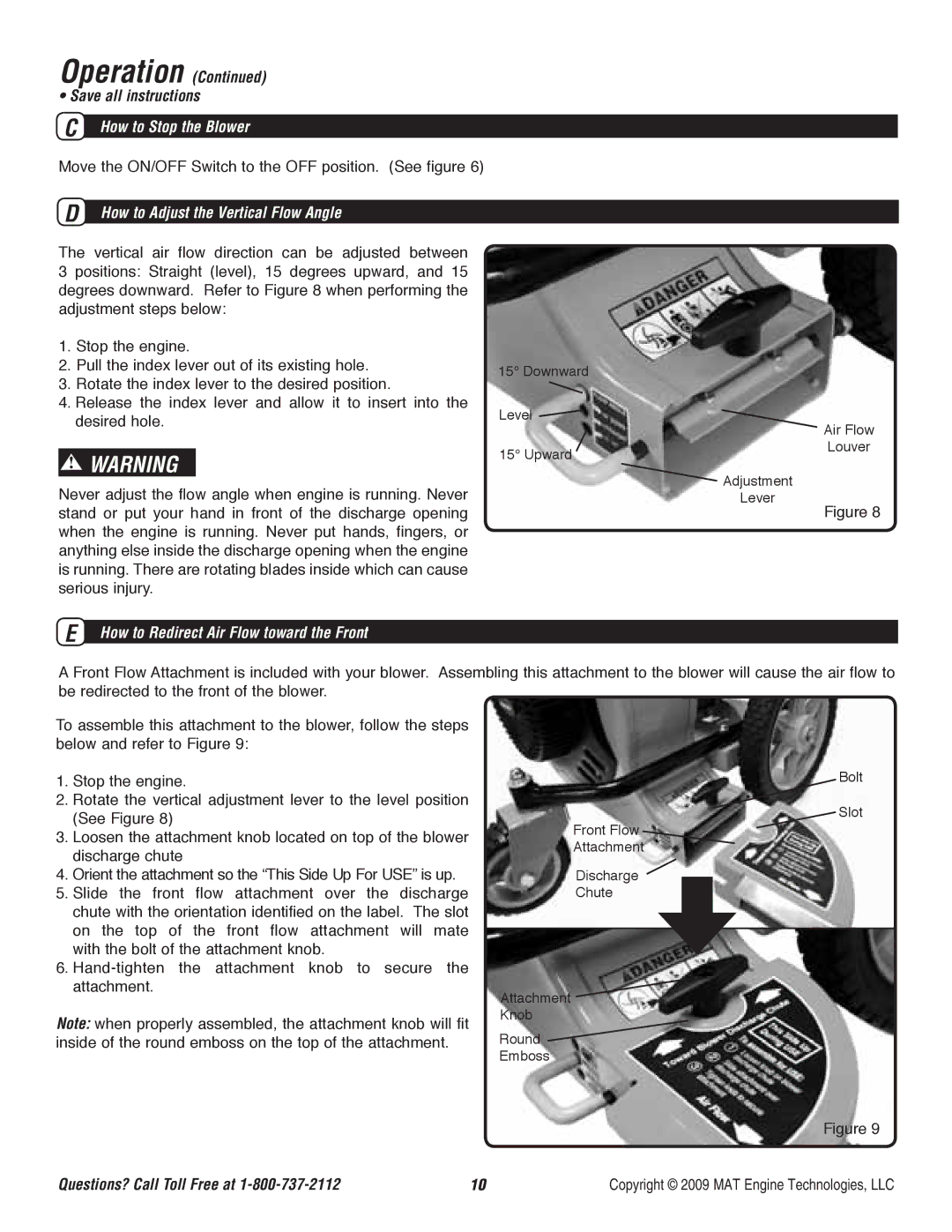 Powermate P-WB-163150 Operation Save all instructions, How to Stop the Blower, How to Adjust the Vertical Flow Angle 