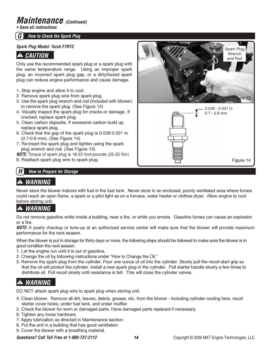 Powermate P-WB-163150 specifications How to Check the Spark Plug, Spark Plug Model Torch F7RTC, How to Prepare for Storage 