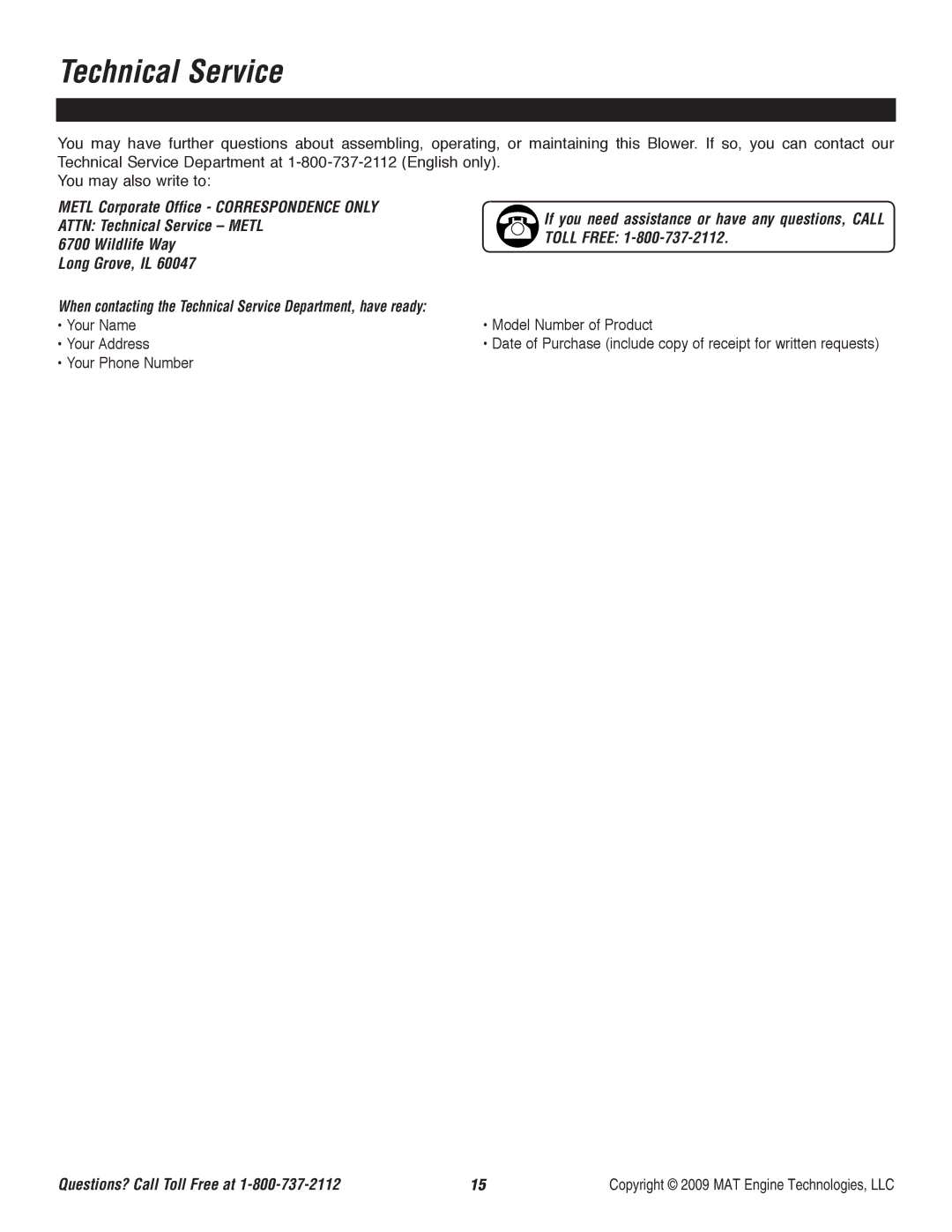 Powermate P-WB-163150-[E] specifications Technical Service, If you need assistance or have any questions, Call Toll Free 