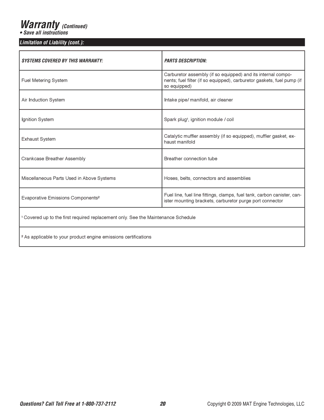 Powermate P-WB-163150-[E] specifications Systems Covered by this Warranty Parts Description 