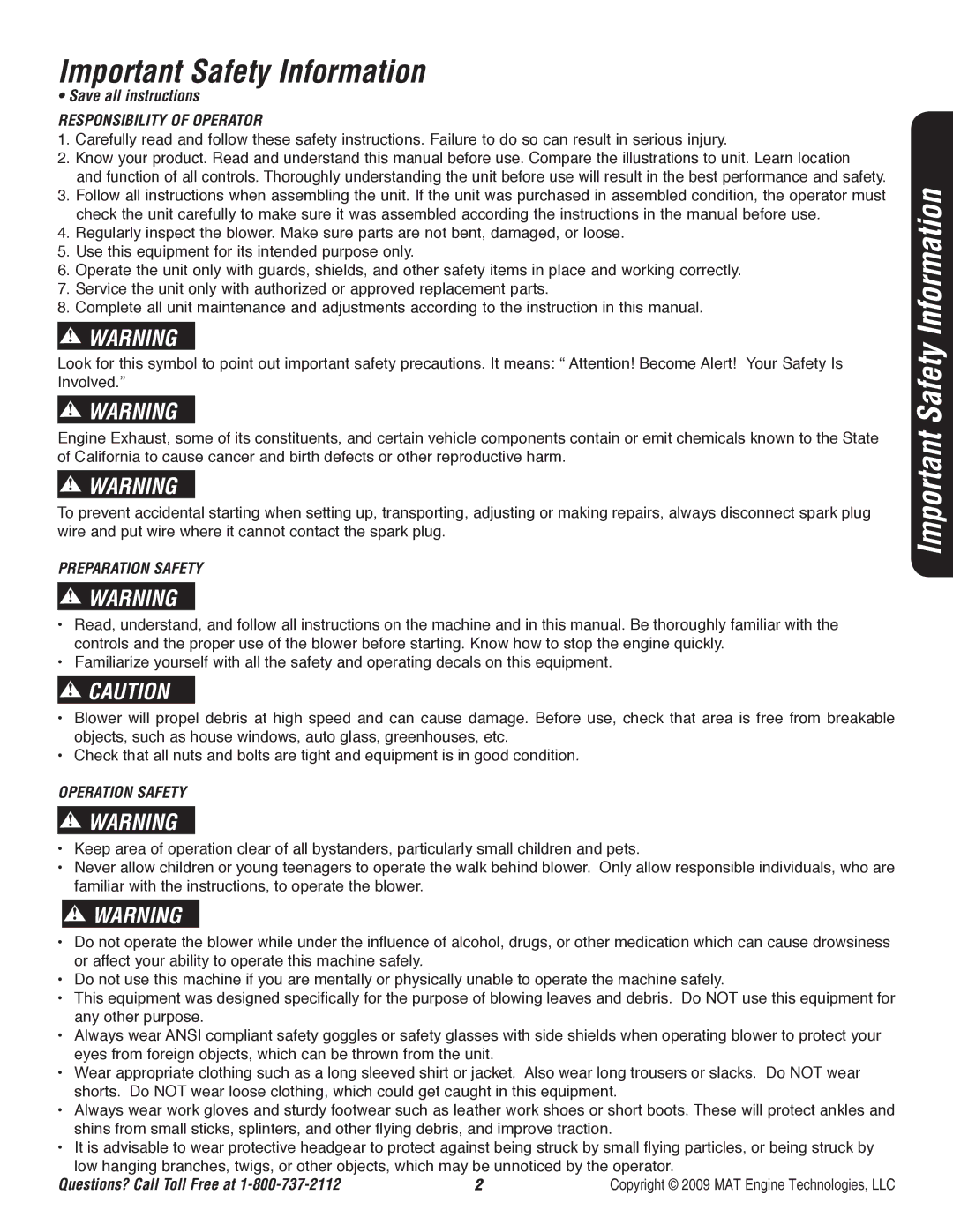 Powermate P-WB-163150 Important Safety Information, Save all instructions, Responsibility of Operator, Preparation Safety 