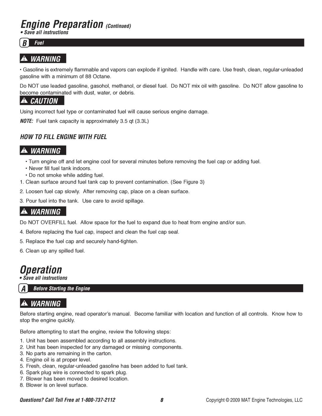 Powermate P-WB-163150-[E] specifications Operation, Fuel, Before Starting the Engine 