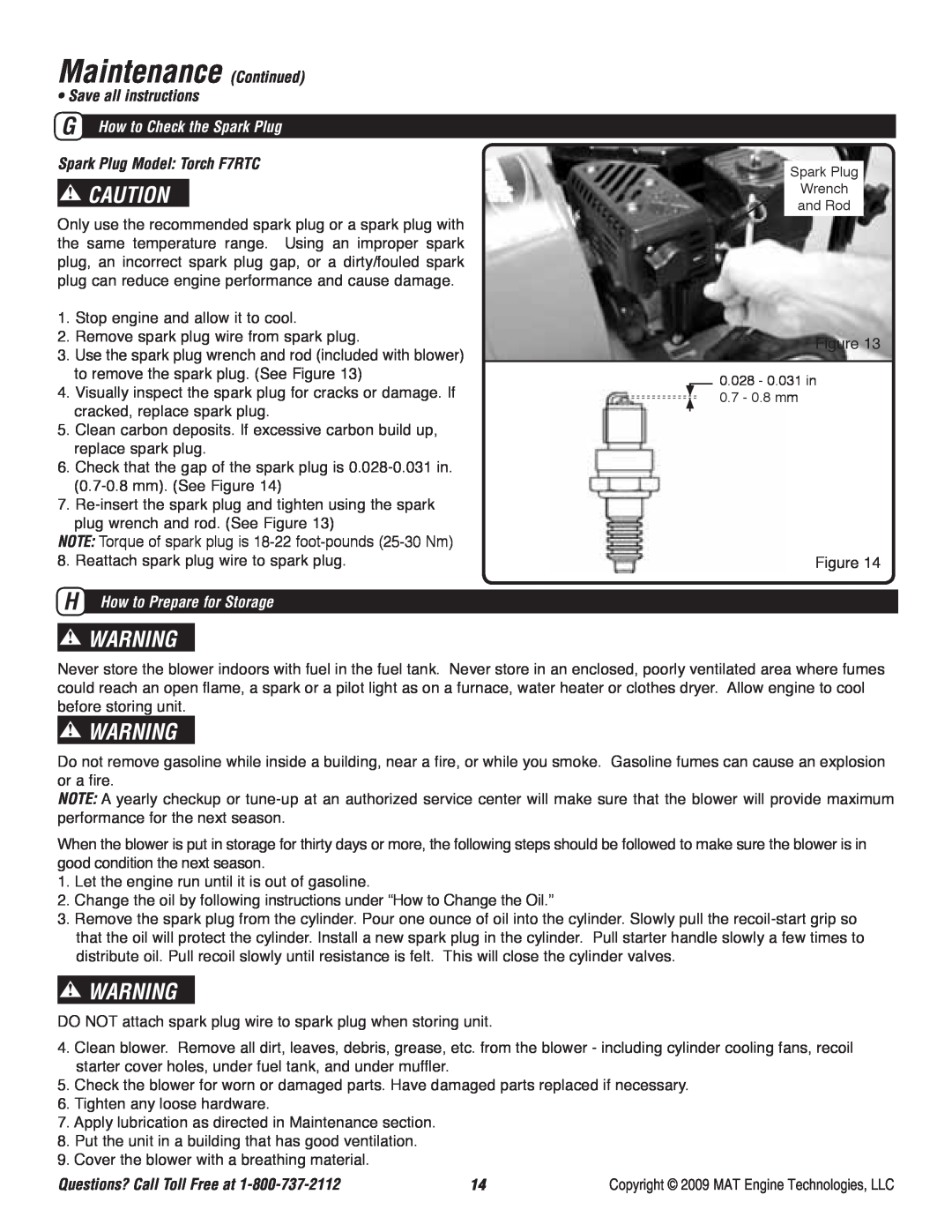 Powermate P-WB-163150-[E] specifications Maintenance Continued, • Save all instructions, G How to Check the Spark Plug 