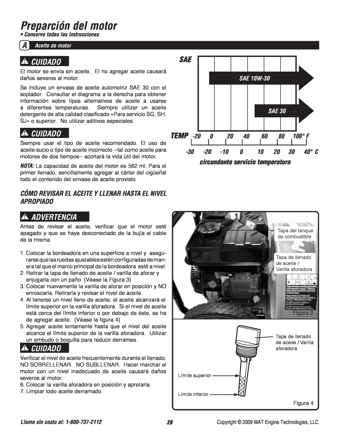 Powermate P-WB-163150-[E] Preparción del motor, circundante servicio temperatura, Cuidado, Advertencia, Temp, SAE 10W-30 