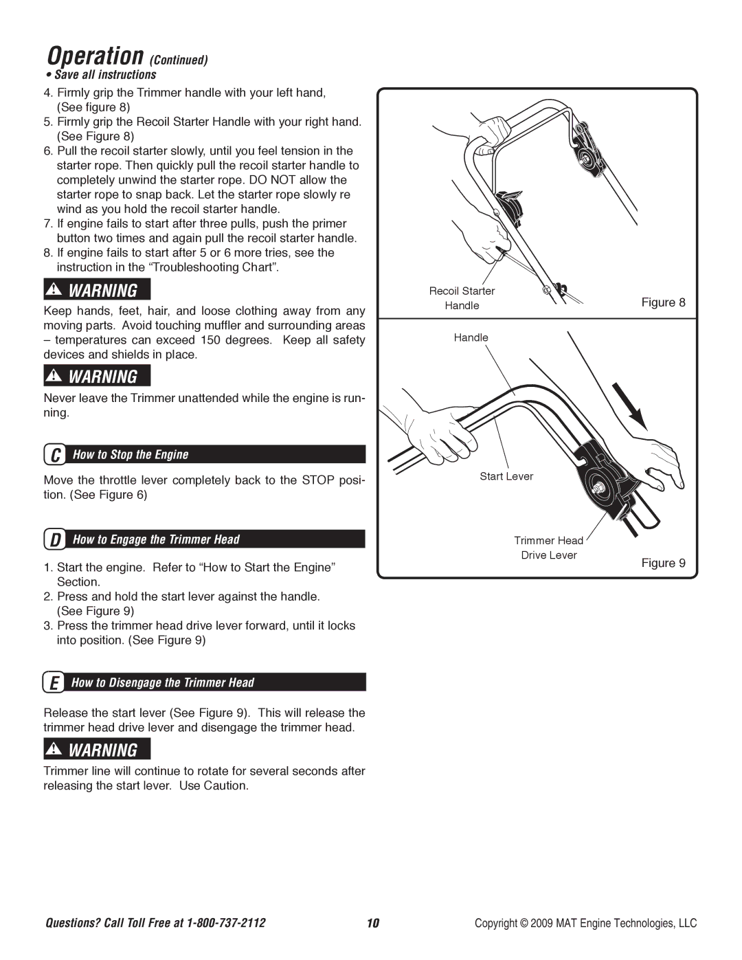 Powermate P-WFT-16022 Operation Save all instructions, How to Stop the Engine, How to Engage the Trimmer Head 