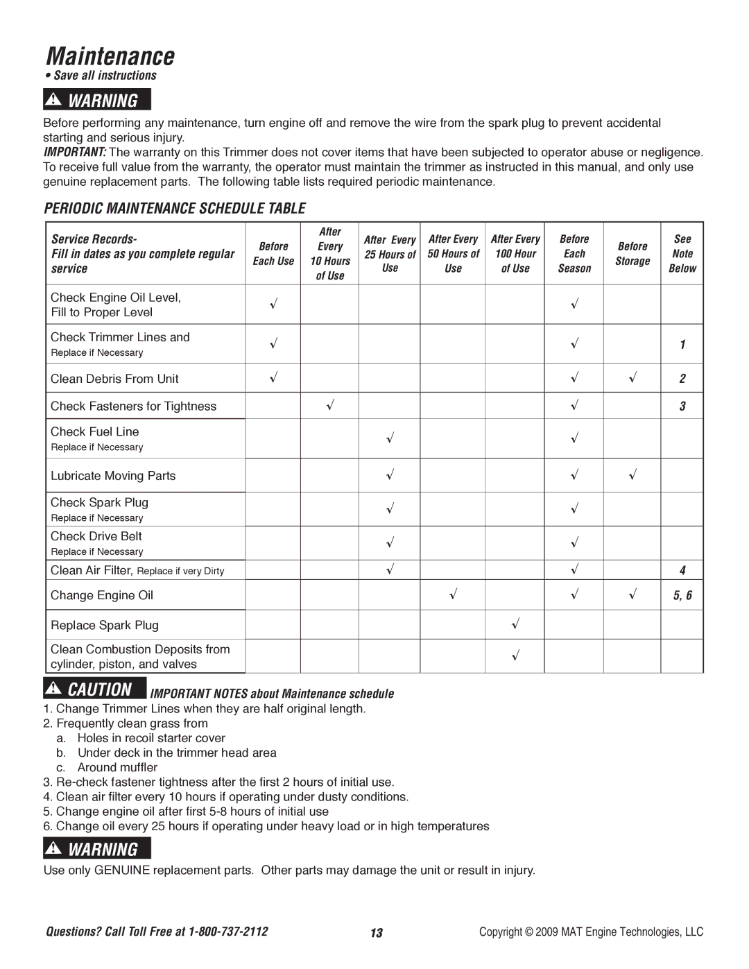 Powermate P-WFT-16022 specifications Maintenance, Service Records 