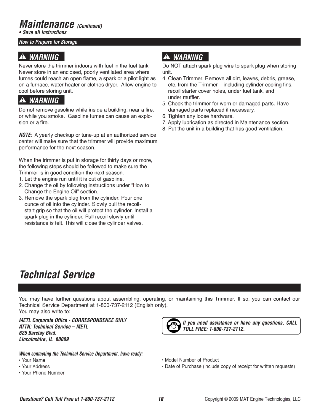 Powermate P-WFT-16022 Technical Service, How to Prepare for Storage, Metl Corporate Office Correspondence only 