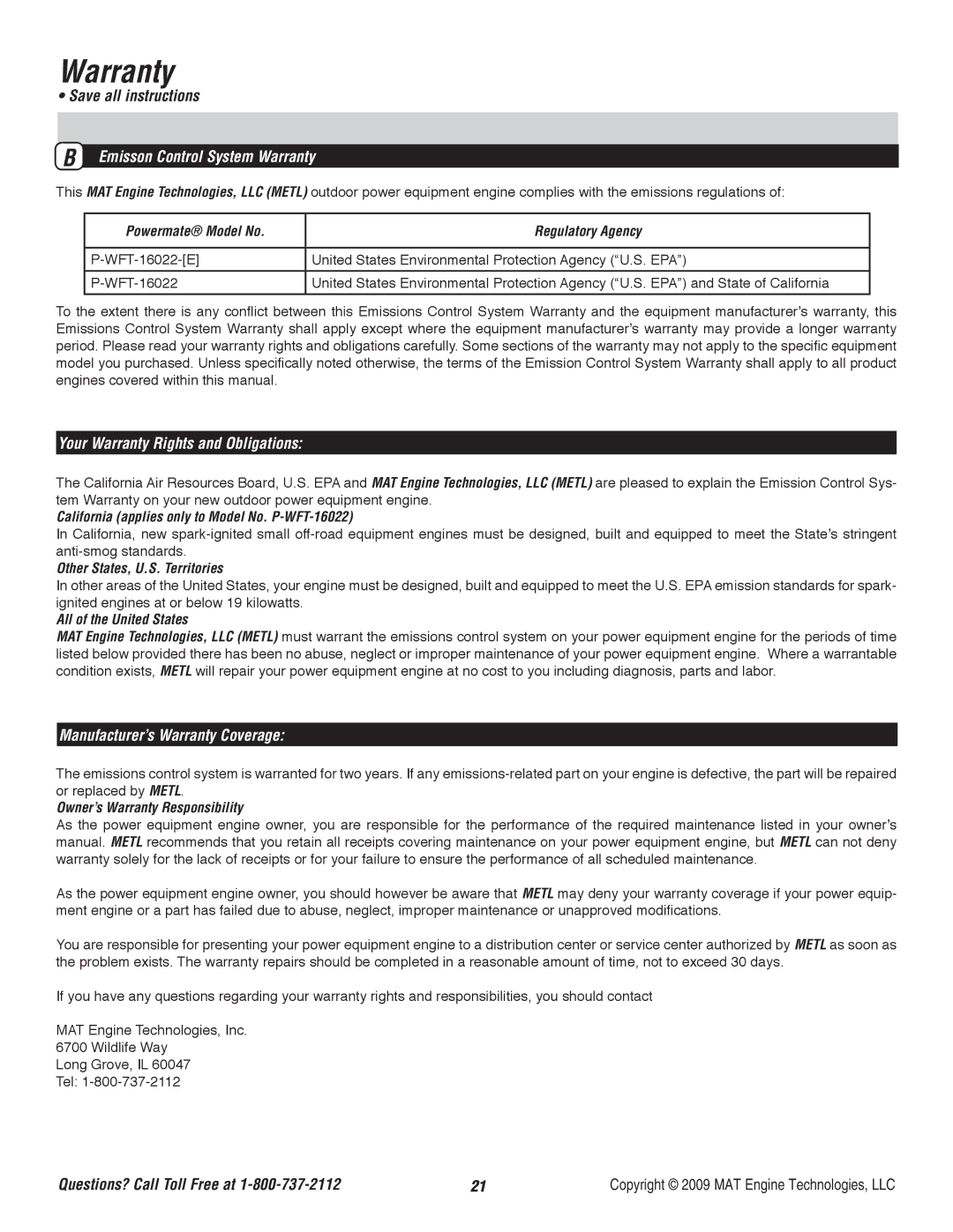 Powermate P-WFT-16022 specifications Emisson Control System Warranty, Your Warranty Rights and Obligations 