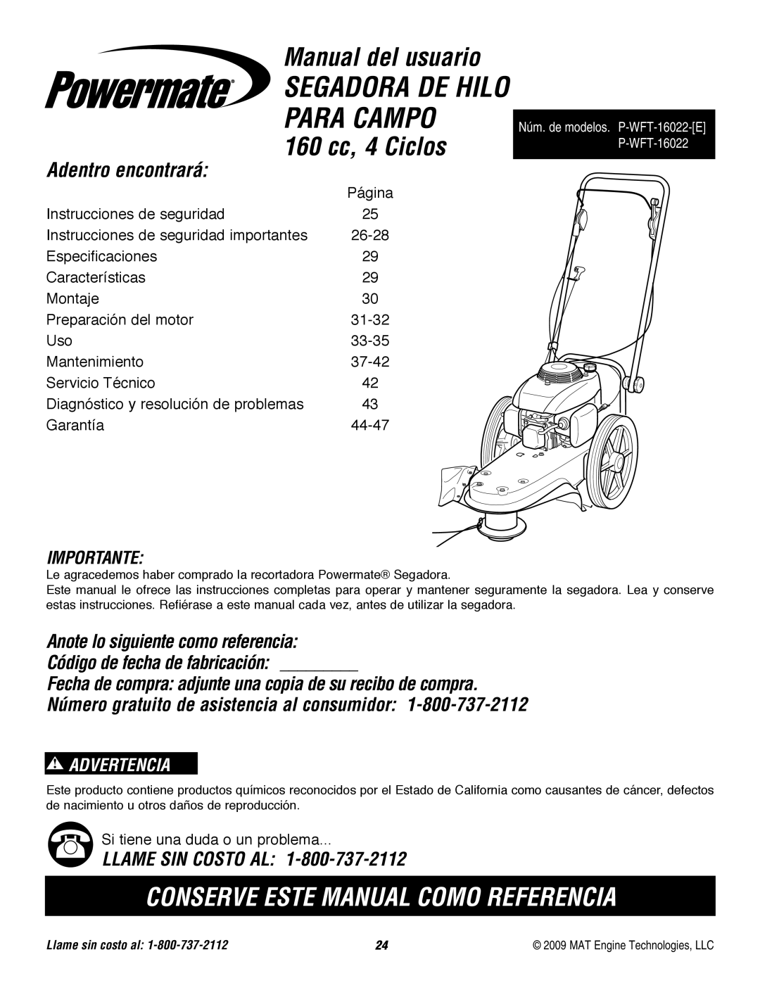 Powermate P-WFT-16022 specifications Manual del usuario, Llame sin costo al 