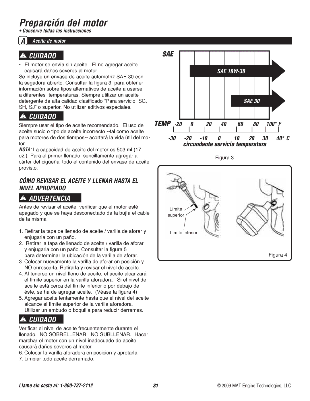 Powermate P-WFT-16022 specifications Preparción del motor, Aceite de motor 