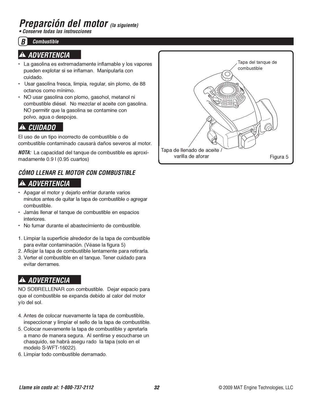 Powermate P-WFT-16022 specifications Preparción del motor la siguiente, Combustible 