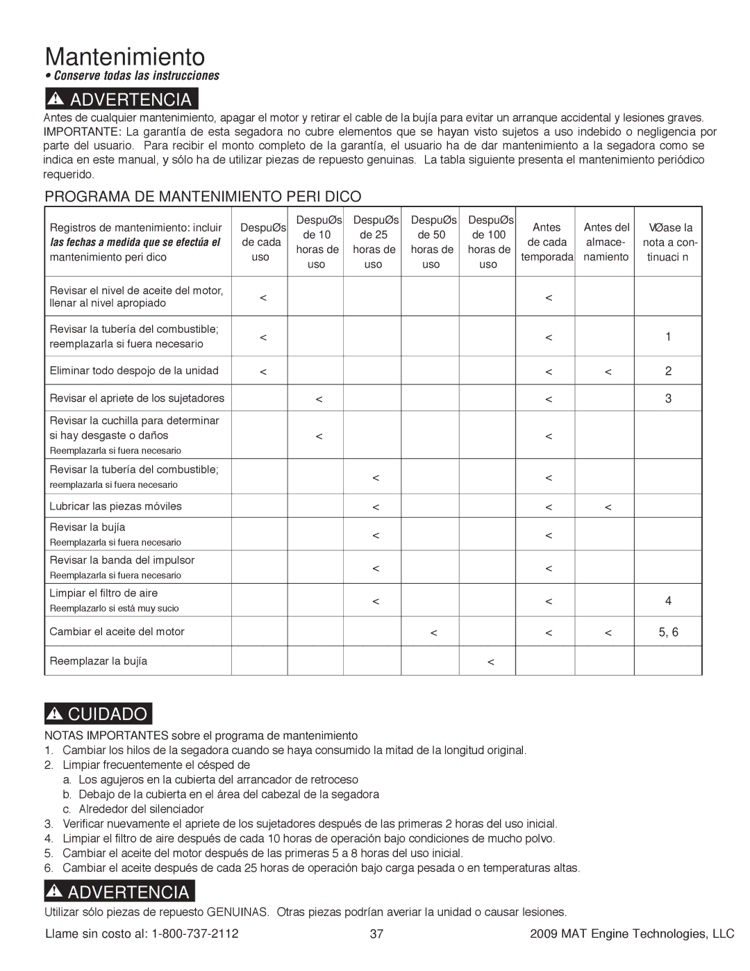 Powermate P-WFT-16022 specifications Mantenimiento, Notas Importantes sobre el programa de mantenimiento 