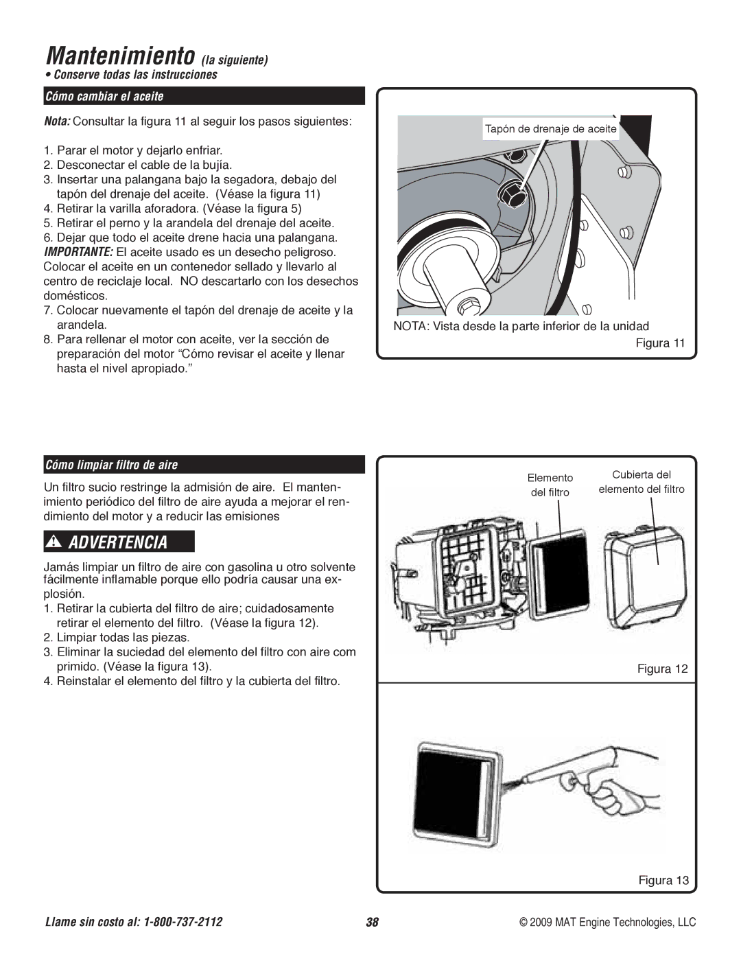 Powermate P-WFT-16022 specifications Mantenimiento la siguiente, Cómo cambiar el aceite, Cómo limpiar filtro de aire 