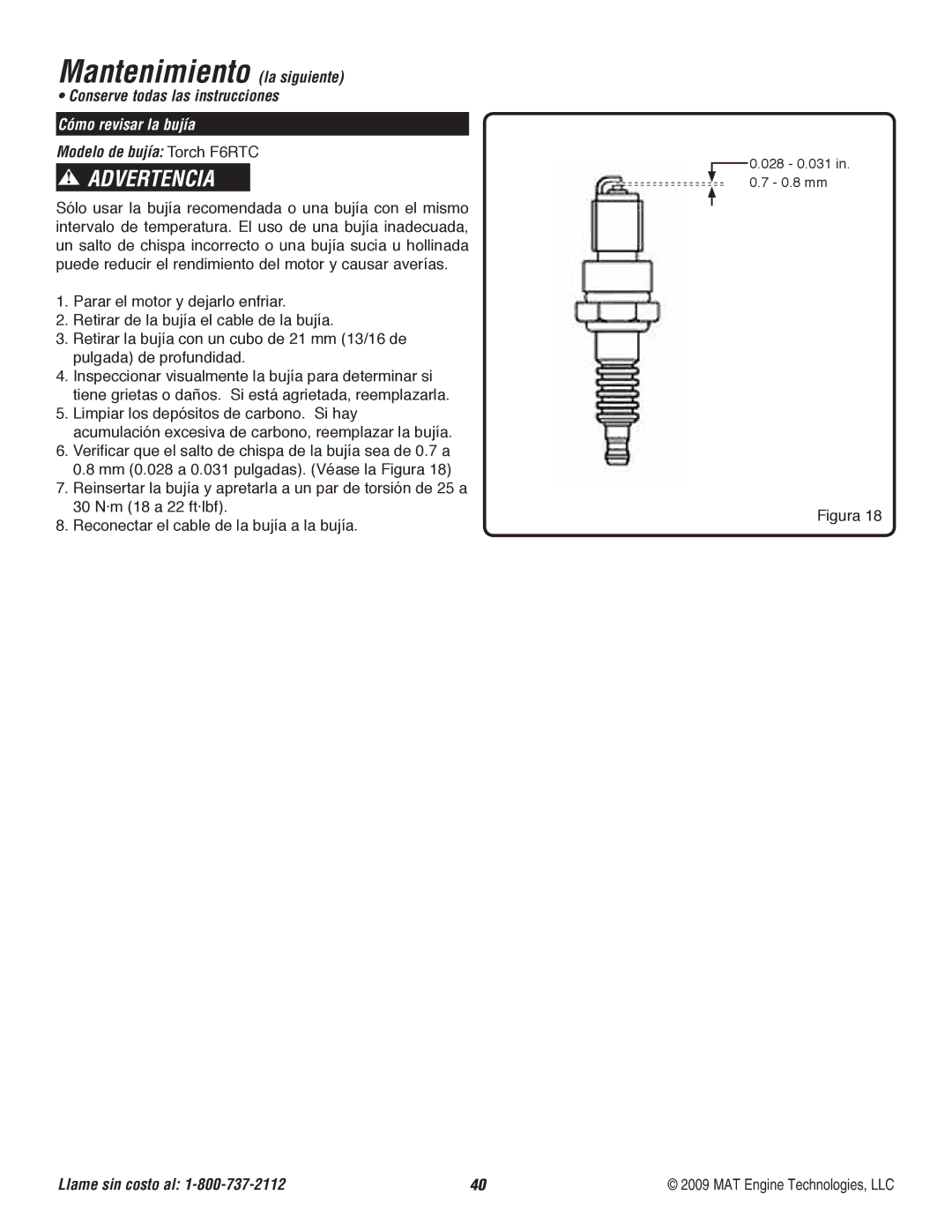 Powermate P-WFT-16022 specifications Cómo revisar la bujía, Modelo de bujía Torch F6RTC 