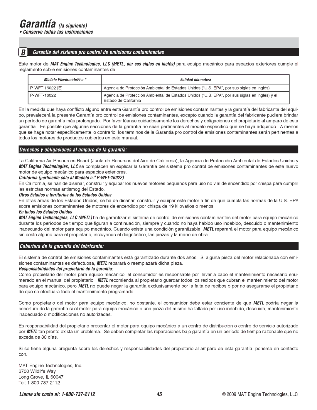 Powermate P-WFT-16022 Garantía la siguiente Conserve todas las instrucciones, Cobertura de la garantía del fabricante 