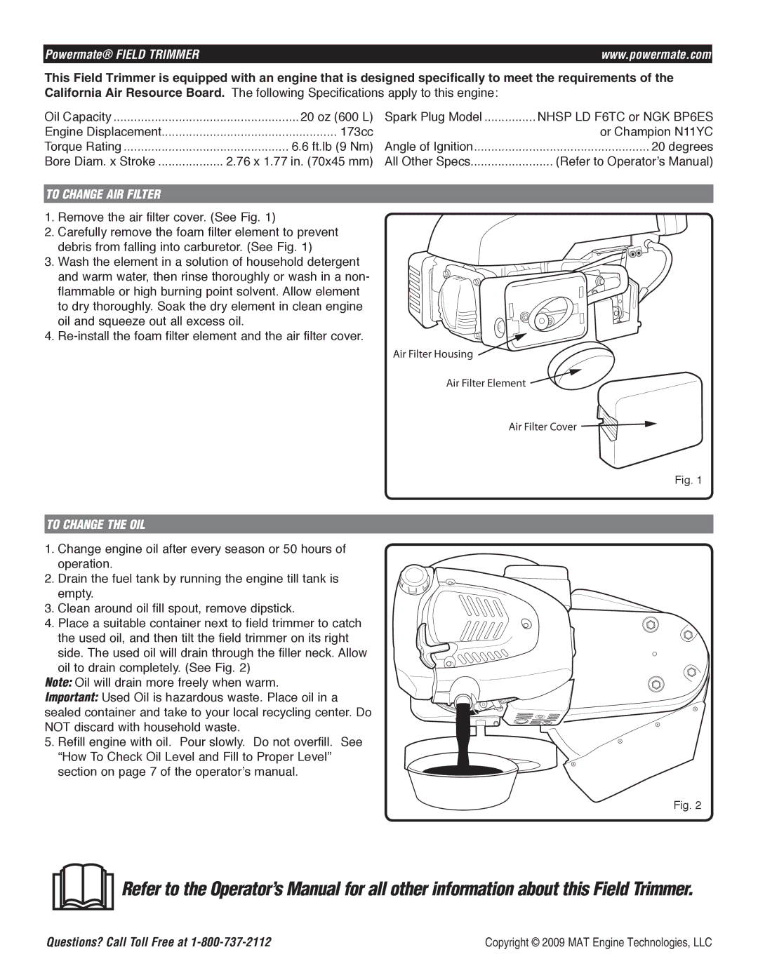 Powermate P-WFT-16022 specifications Powermate Field Trimmer, California Air Resource Board 