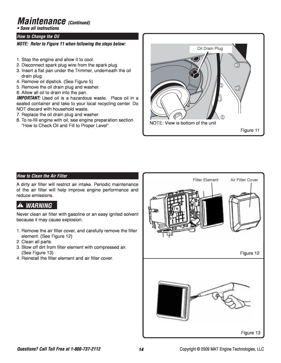 Powermate P-WFT-16022 Maintenance Continued, Save all instructions, How to Change the Oil, How to Clean the Air Filter 