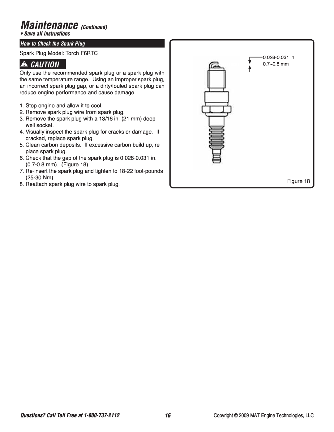 Powermate P-WFT-16022 specifications Maintenance Continued, Save all instructions, How to Check the Spark Plug 