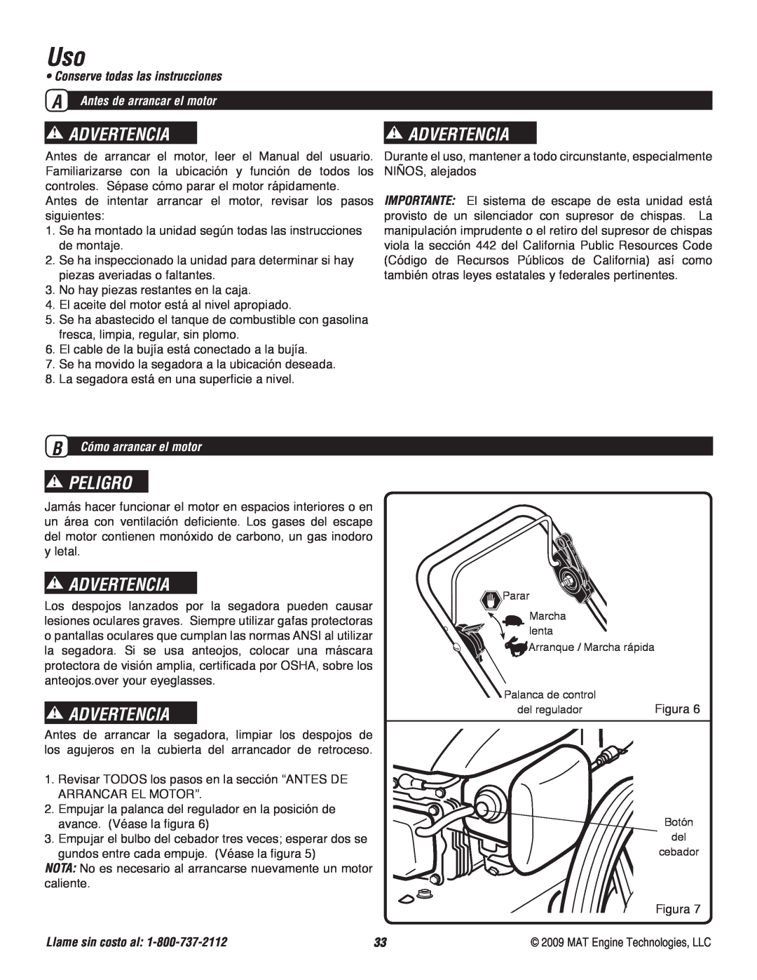 Powermate P-WFT-16022 specifications Advertencia, Peligro, Conserve todas las instrucciones, A Antes de arrancar el motor 