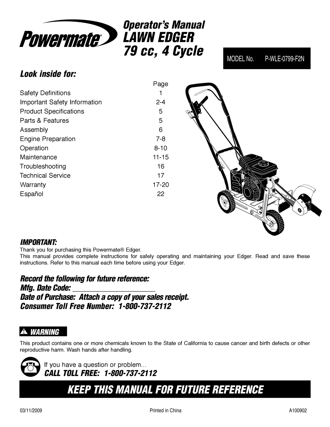 Powermate P-WLE-0799-F2N specifications Lawn Edger, Operator’s Manual 