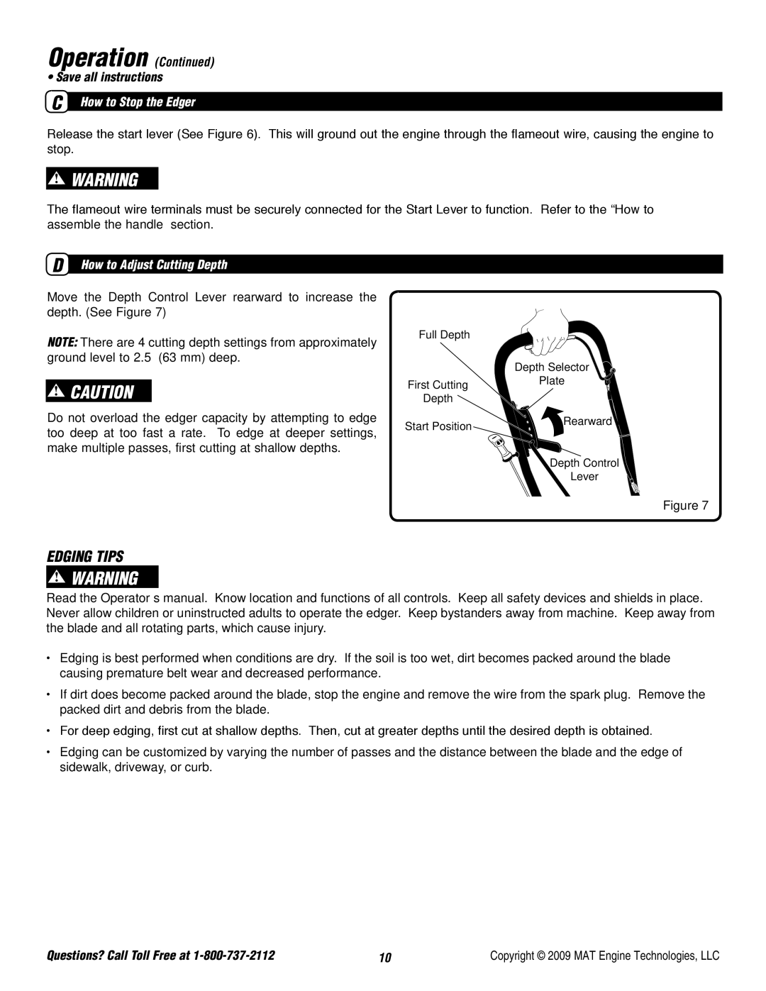 Powermate P-WLE-0799-F2N Edging Tips, Operation Save all instructions, How to Stop the Edger, How to Adjust Cutting Depth 