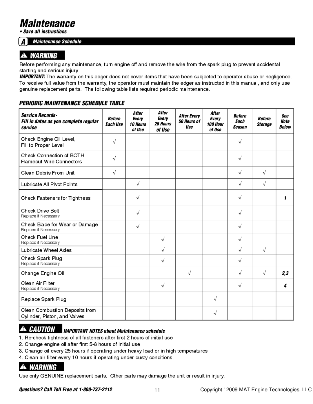 Powermate P-WLE-0799-F2N specifications Periodic Maintenance Schedule Table, Service Records 