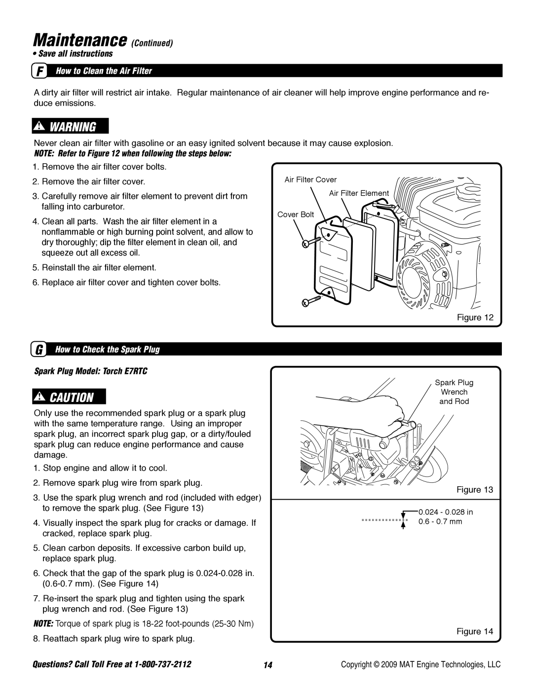 Powermate P-WLE-0799-F2N How to Clean the Air Filter, How to Check the Spark Plug, Spark Plug Model Torch E7RTC 