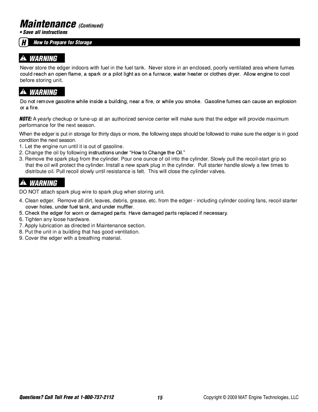 Powermate P-WLE-0799-F2N specifications How to Prepare for Storage 