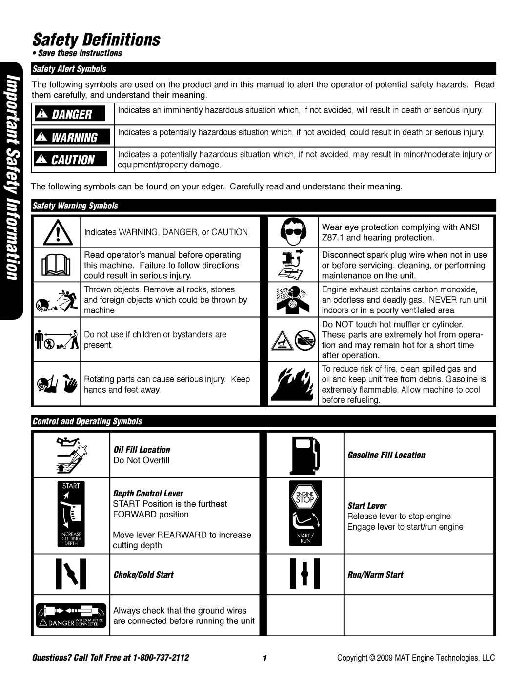 Powermate P-WLE-0799-F2N specifications Safety Definitions, Control and Operating Symbols 