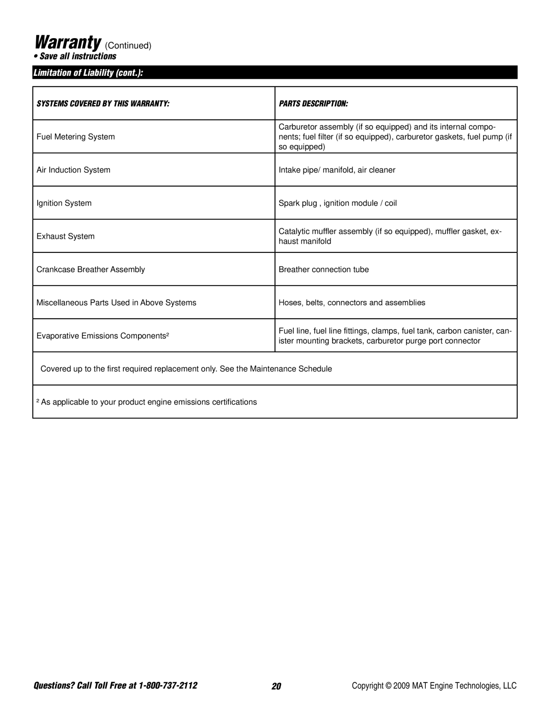 Powermate P-WLE-0799-F2N specifications Systems Covered by this Warranty Parts Description 