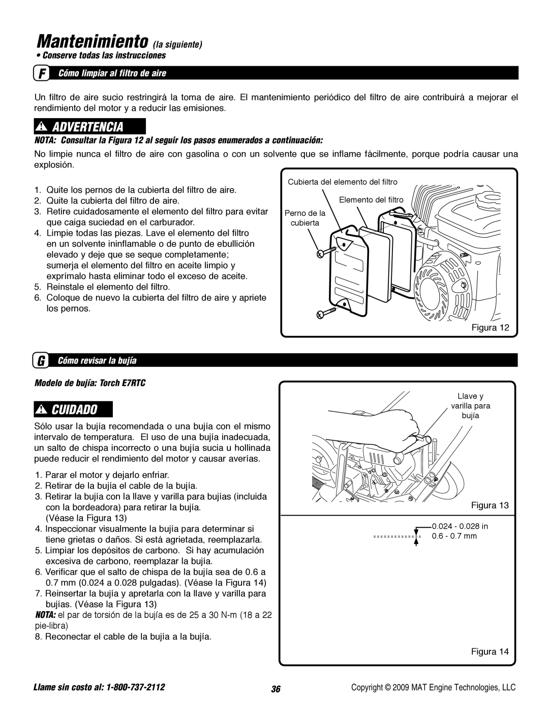 Powermate P-WLE-0799-F2N specifications Cómo limpiar al filtro de aire, Cómo revisar la bujía, Modelo de bujía Torch E7RTC 