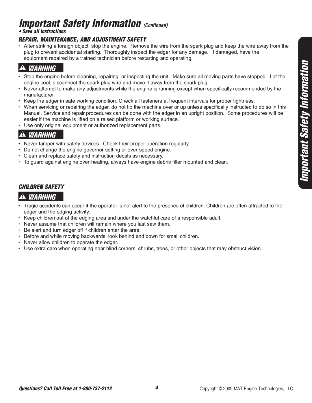 Powermate P-WLE-0799-F2N specifications REPAIR, MAINTENANCE, and Adjustment Safety, Children Safety 