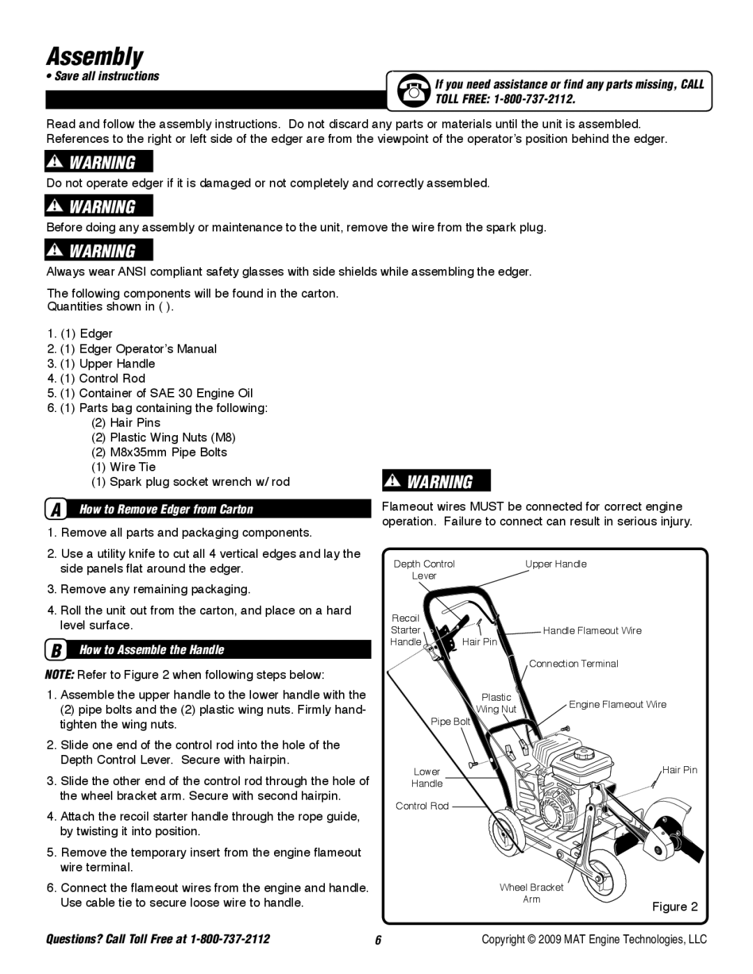 Powermate P-WLE-0799-F2N specifications Assembly, Toll Free, How to Remove Edger from Carton, How to Assemble the Handle 