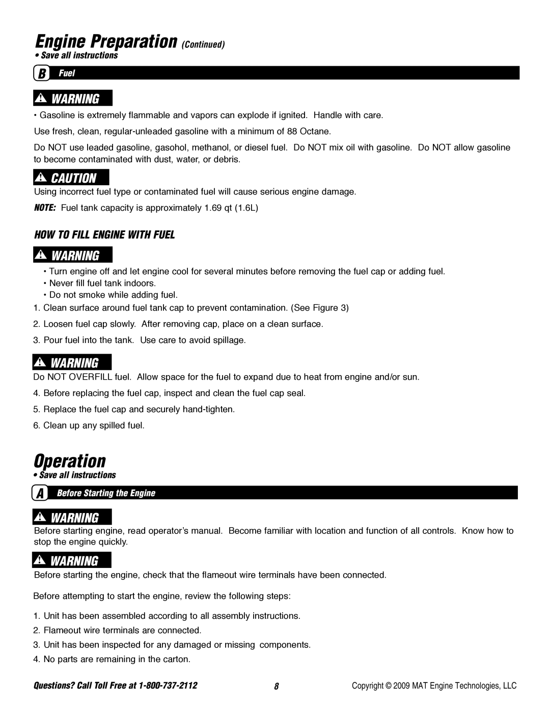 Powermate P-WLE-0799-F2N specifications Operation, HOW to Fill Engine with Fuel, Before Starting the Engine 