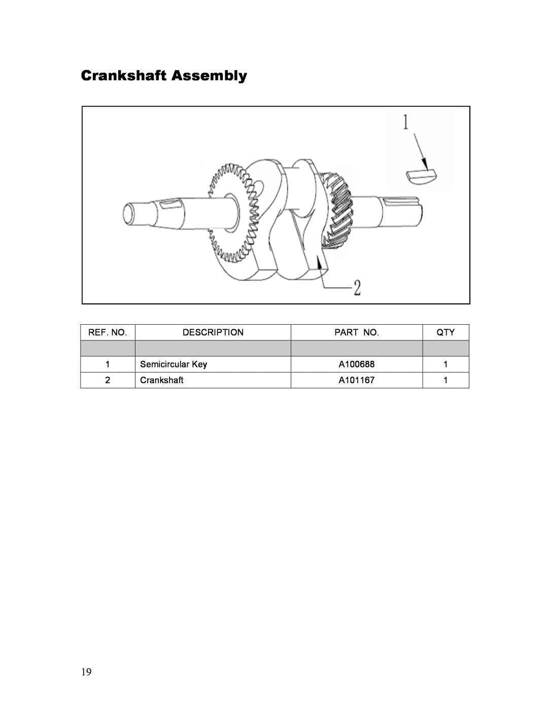 Powermate P-WLE-1639-[E] manual Crankshaft Assembly, Ref. No, Description, Semicircular Key, A100688, A101167 