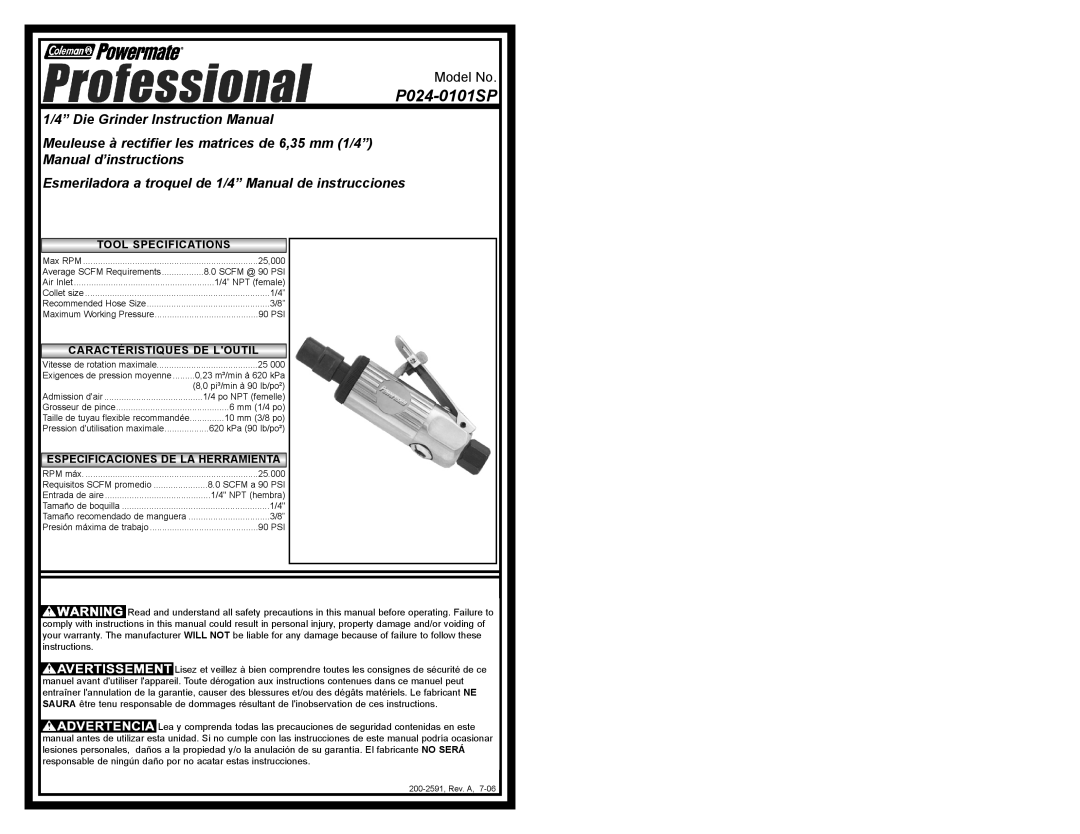 Powermate P024-0101SP instruction manual Ttoolool Specificaspecificationstions, Caractéristiques DE Loutil 