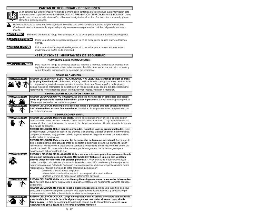 Powermate P024-0101SP instruction manual Seguridad General, Seguridad EN EL Lugar DE Trabajo, Seguridad Personal 