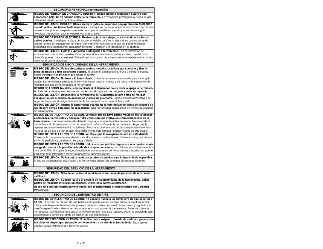 Powermate P024-0101SP Seguridad DE USO Y Cuidado DE LA Herramienta, Seguridad DEL Servicio DE LA Herramienta 
